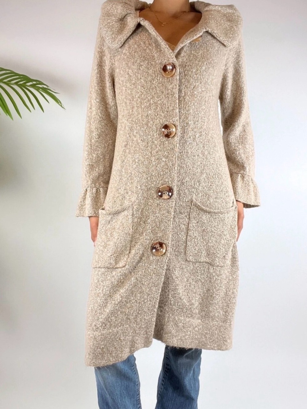 Alfani Beige-Taupe Marled Knit Cardigan with Tortoiseshell Buttons